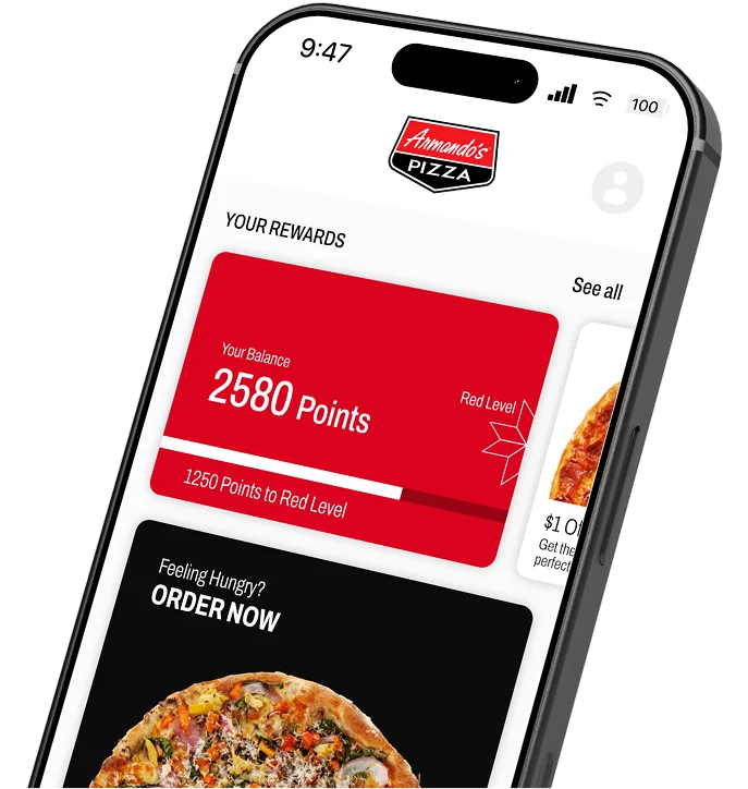 Armando's Pizza mobile app preview on an iPhone