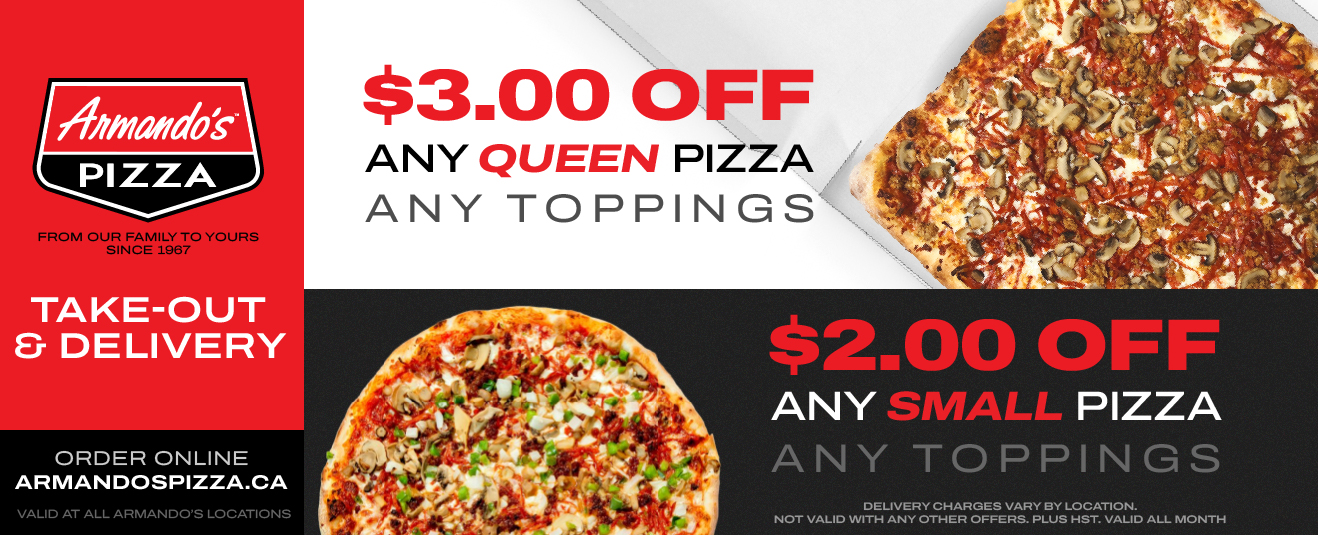 December 2022 Promos - $3 off any queen pizza, $2 off any small pizza 