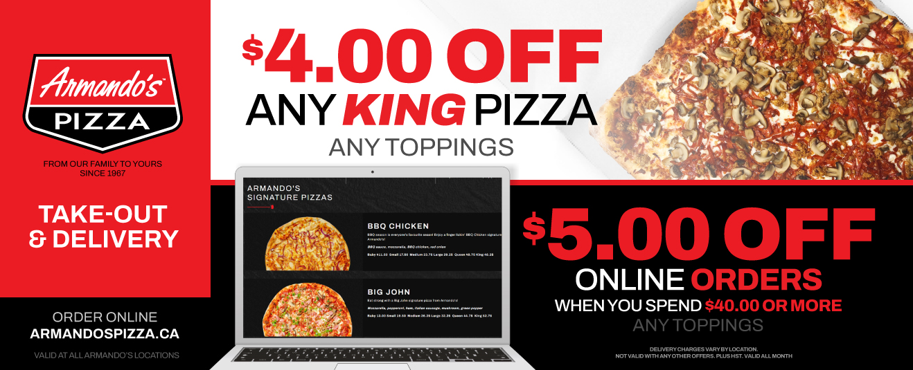 September 2023 Promos: $4 any king pizza any toppings, $5 off online orders when you spend $40 or more 