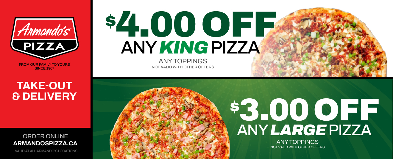 $4 any king pizza, any toppings. $3 off any large pizza, any toppings.