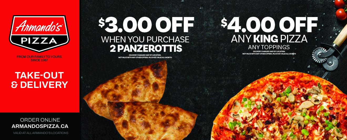 $3 off when you purchase two panzerottis, $4 off any king pizza