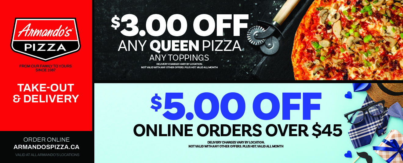 $3 Off Any Queen Pizza, $5 Off Any Online Order over $45