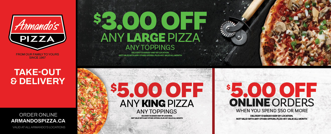 $3 Off Any Large Pizza, $5 Off Any King Pizza, $5 Off Online Orders of $50 or more