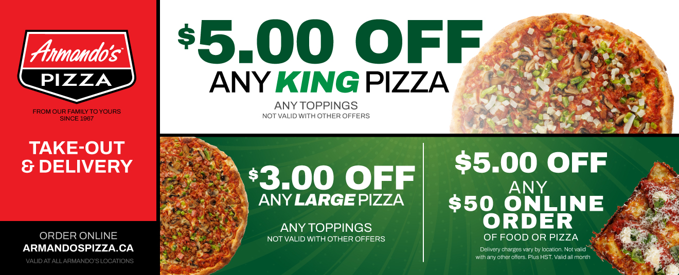 $5 Off Any King Pizza, $3 off any large pizza, $5 off online orders of $50 or more