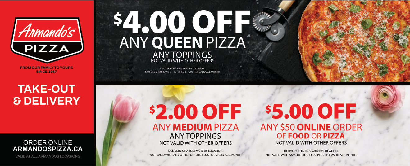 $4 off any queen pizza, $5 off online orders of $50 or more, $2 off any medium pizza