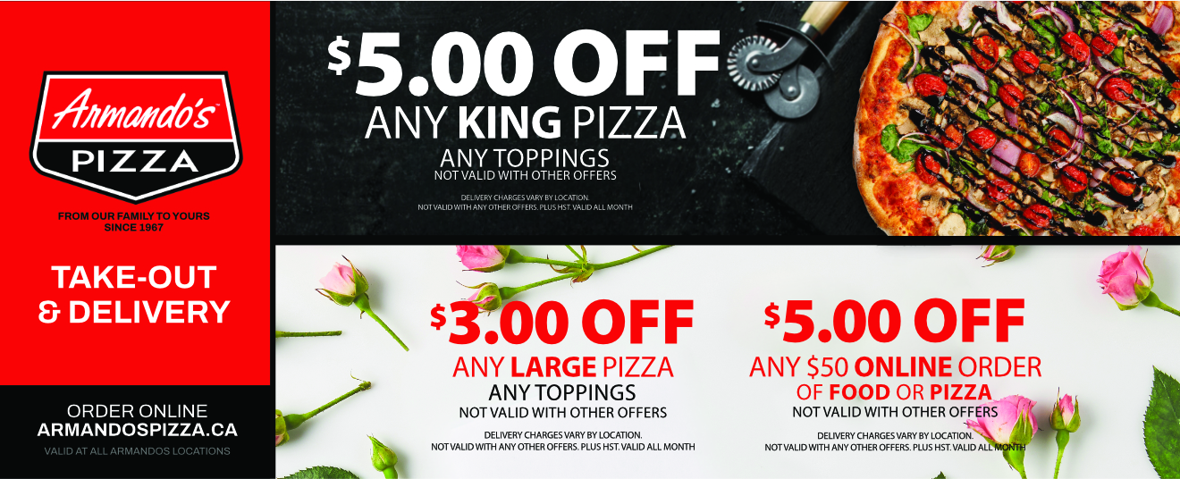 $5 off any king pizza, any toppings. $3 off any large pizza, any toppings. $5 off any online order of food or pizza. 